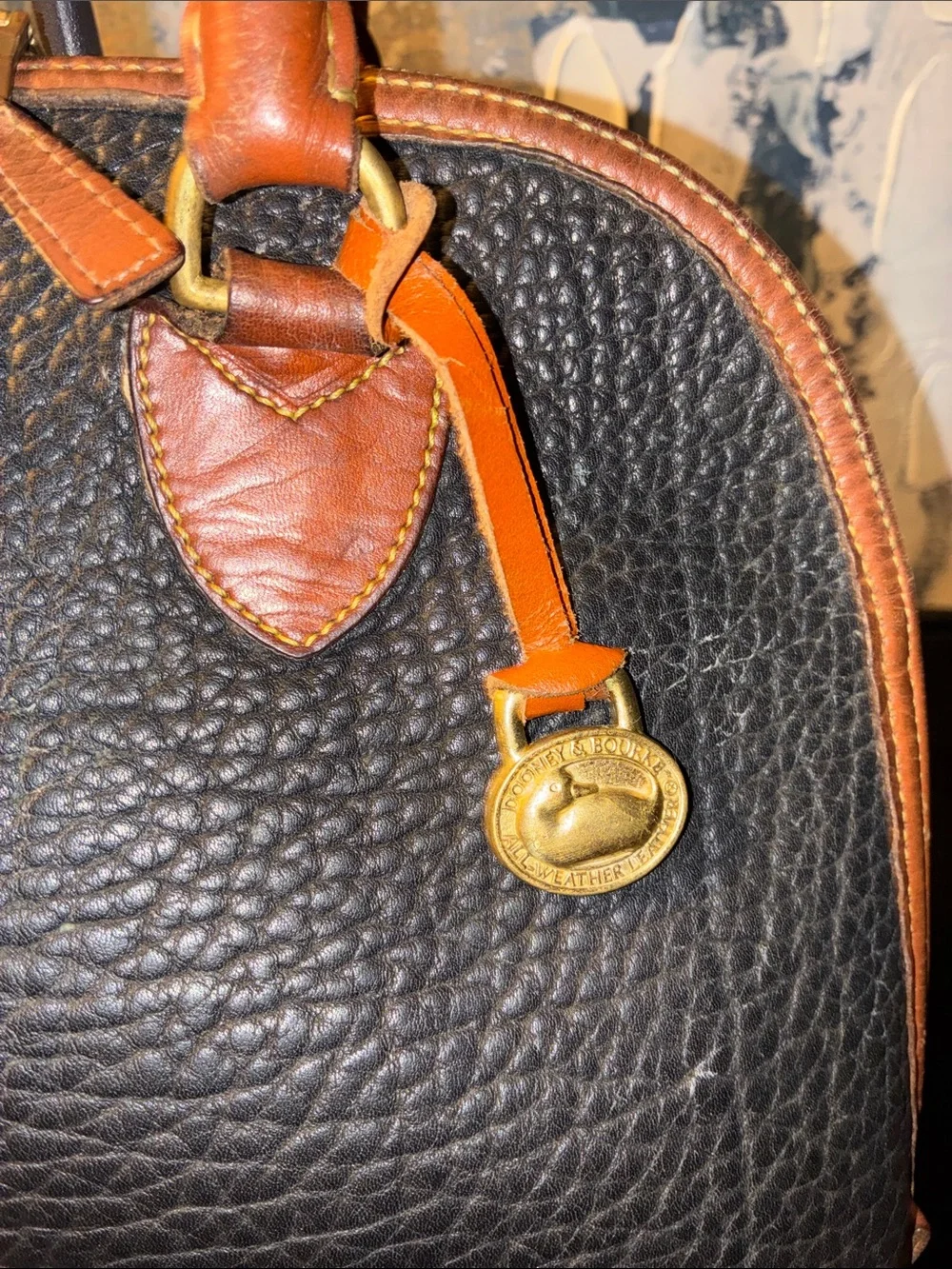 Vintage 1990s Dooney & Bourke Black with Brown Trim Pebbled Leather Satchel
